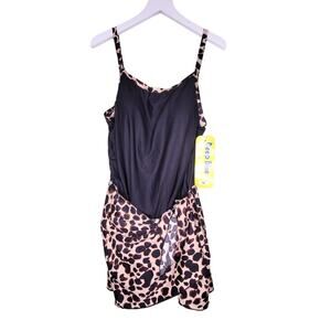 Animal Print Swimsuit Size 16 Wrap Skirt One Piece Black Tan Beach DEEP BLUE‎